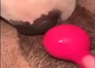 Hairy pussy getting licked by a skilled white dog